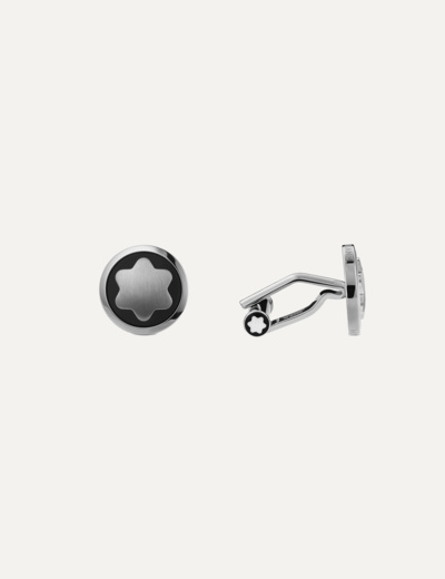 Montblanc cufflinks in steel with Montblanc snow-cap logo and onyx