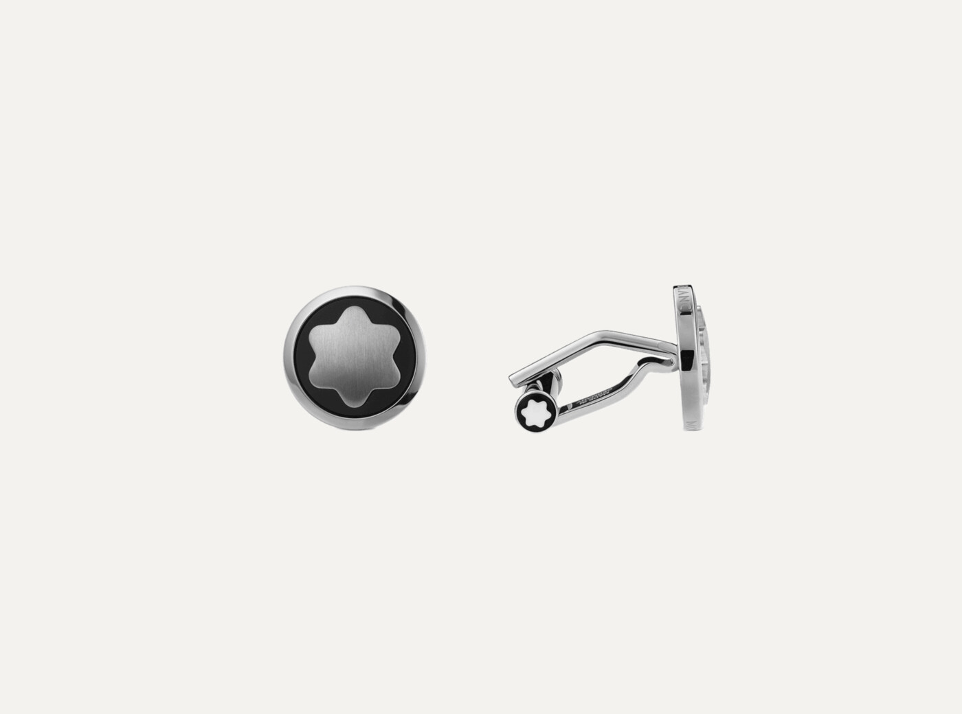 Montblanc cufflinks in steel with Montblanc snow-cap logo and onyx