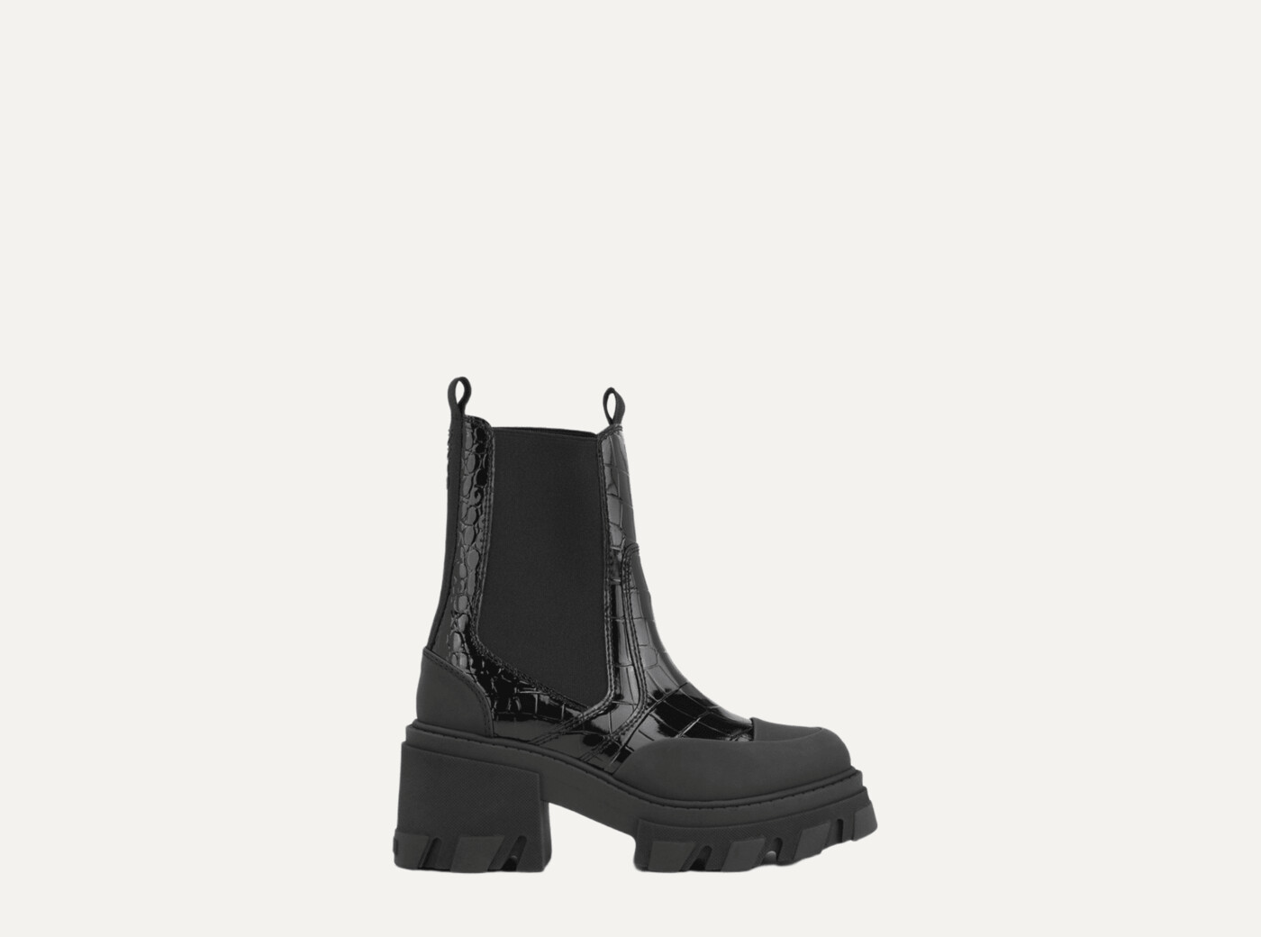 Cleated Heeled Mid Chelsea Boot Patent Croco