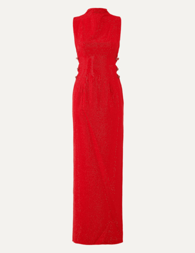 RED RHINESTONE CREPE MAXI DRESS