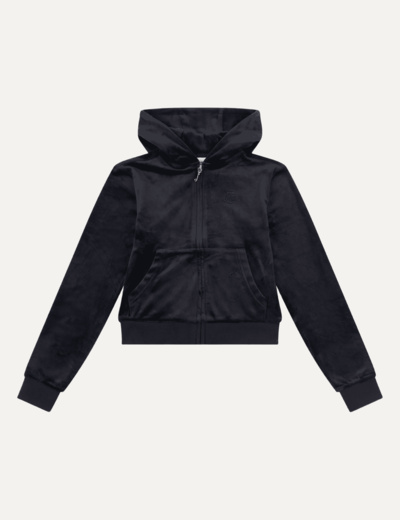 Tonal Embro Velour Zip Through Hoodie Jet Black