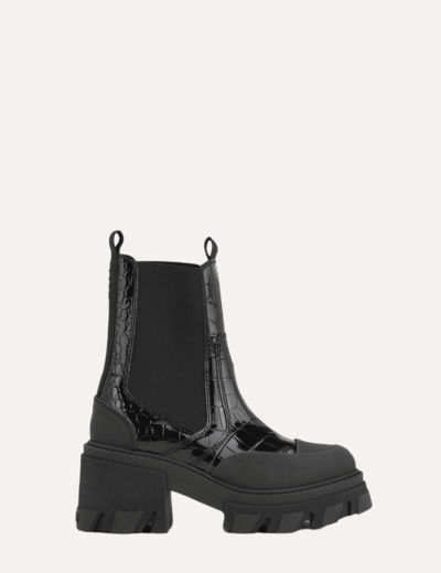 Cleated Heeled Mid Chelsea Boot Patent Croco