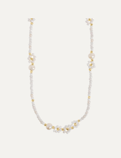 Elsa - White Beads Flower and Pearl Necklace