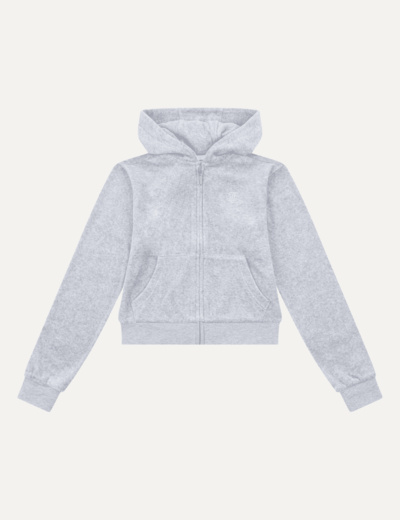 Tonal Embro Velour Zip Thru Hoodie Heather Grey